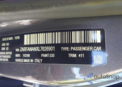 2020 Alfa Romeo Giulia z USA, uszkodzony, nr VIN ZARFANANXL7626901